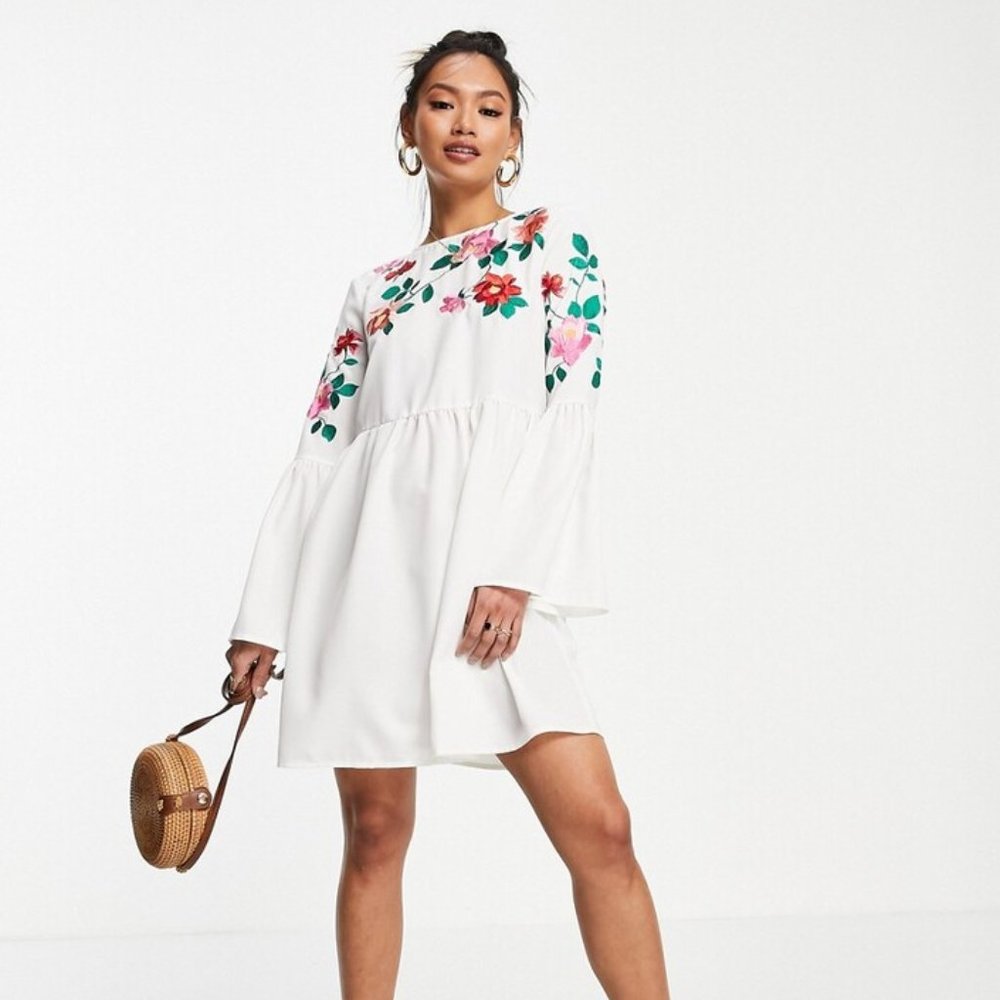 ASOS DESIGN fluted sleeve embroidered mini smock dress in white